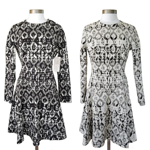 NEW LEILA ROSE Long Sleeve Reversible Seamed Fit & Flare Dress Sz 10 Black Ivory - Picture 1 of 14